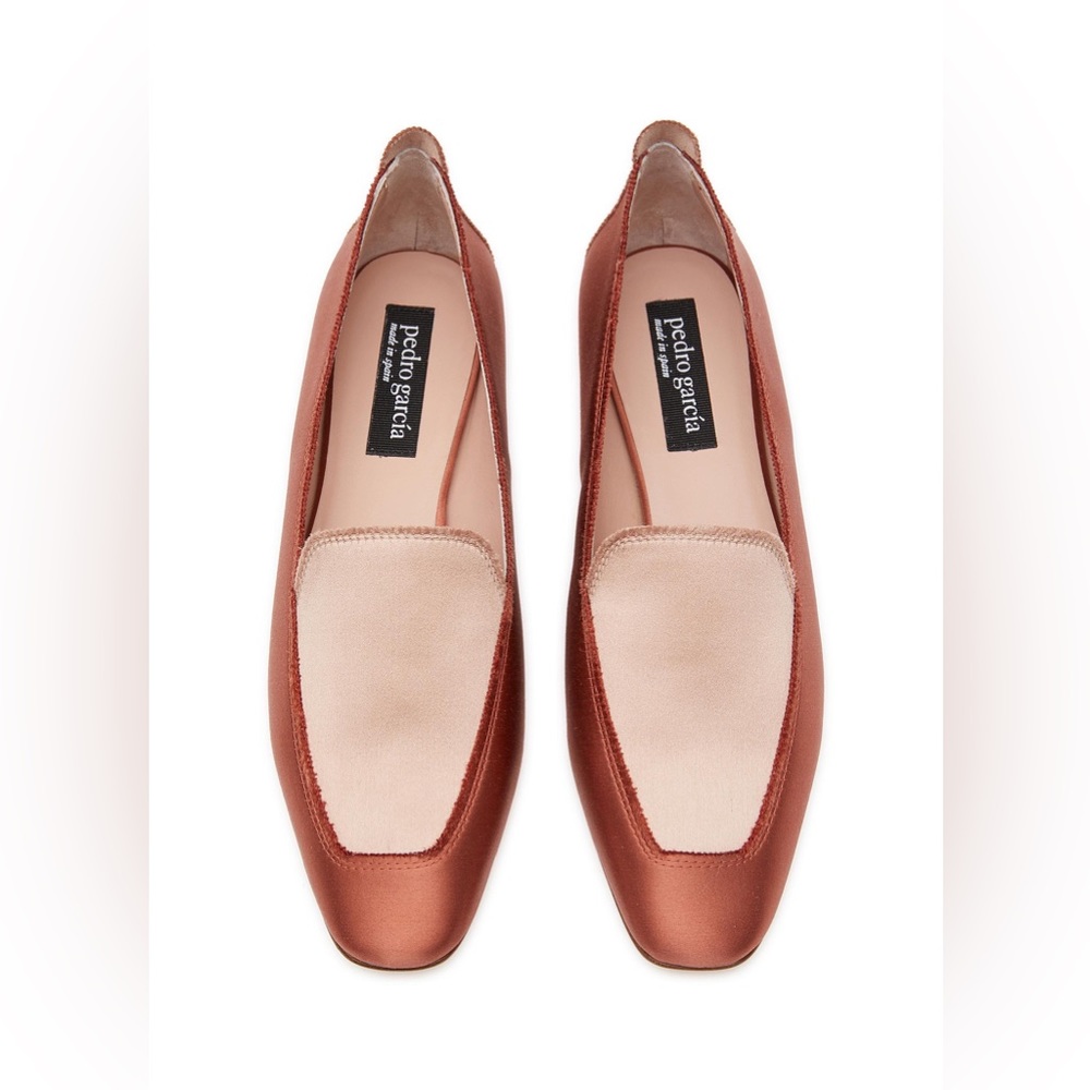 Pedro Garcia Tamer Brown Sienna Satin Flat Leather Loafer size 38.5 (8.5) NWT
